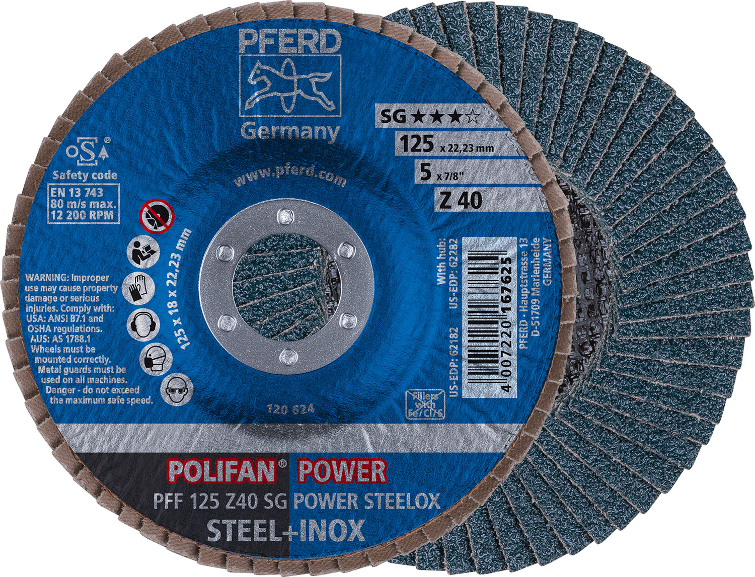 5" x 7/8" A.H. POLIFAN® Flap Disc, Z SG POWER STEELOX, Zirconia, 40 Grit, Flat